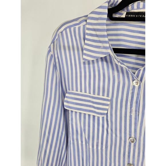 Melrose Silk Studio Womens Sz M Long Sleeve Button Up Shirt Blue White Striped - Picture 2 of 4